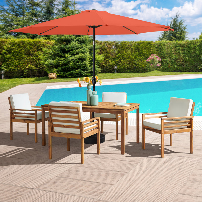 Arjay 8 Pc Patio Dining Set Wood One 63" Table Chairs With Cushions And 1 10-Foot Tilt Umbrella, Orange, 4