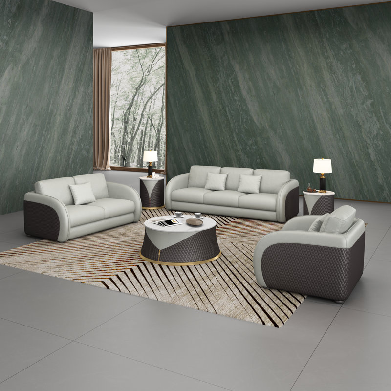 Noir 3 Piece Genuine Leather Living Room Set, Gray/Chocolate Genuine Leather