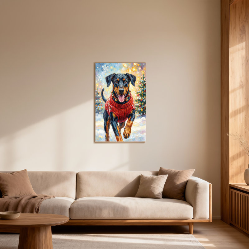 Animaux, chien, chandail rouge, scène de Noël, H 36 po x l 24 po