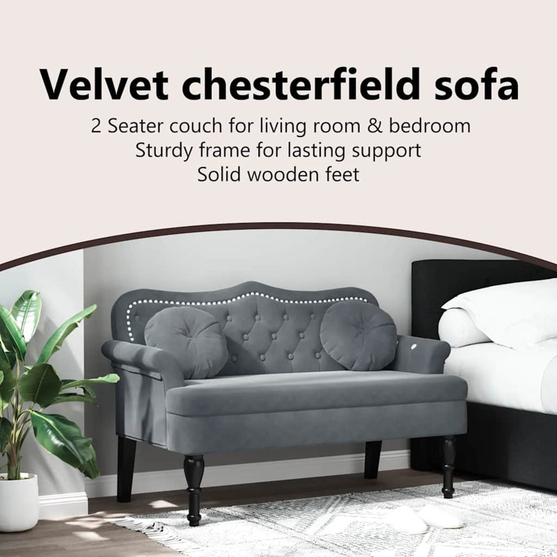 Chineta 47” W Small Loveseat, Velvet Chesterfield Sofa, 2 Seater Couch for Living Room, Dark Gray