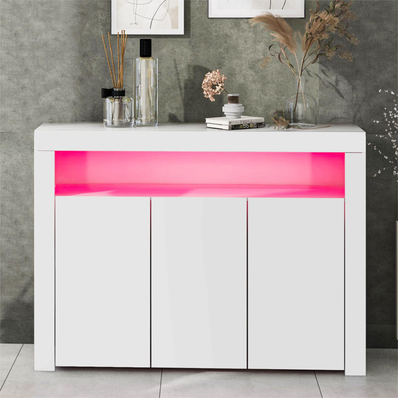 High Gloss White Sideboard Display Cabinet With LED Lights, 3-Door Wood Buffet Cupboard Storage Unit With Remote Control