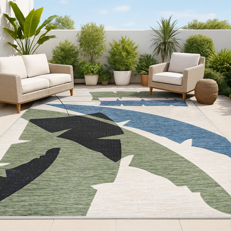 Correlly Coastal Vintage Abstract Palm Leaf Navy/Cream Indoor/Outdoor Rug, Rectangle 5'3" x 7'7"