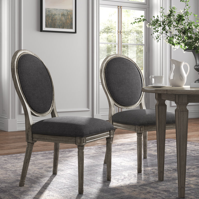 Hildemar 19'' H Linen Upholstered Side Chair, Dark Gray, Antique Gray Oak