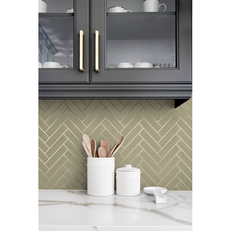 Chevron Vinyl Peel & Stick Metallic Wallpaper Roll, Khaki/Metallic Silver