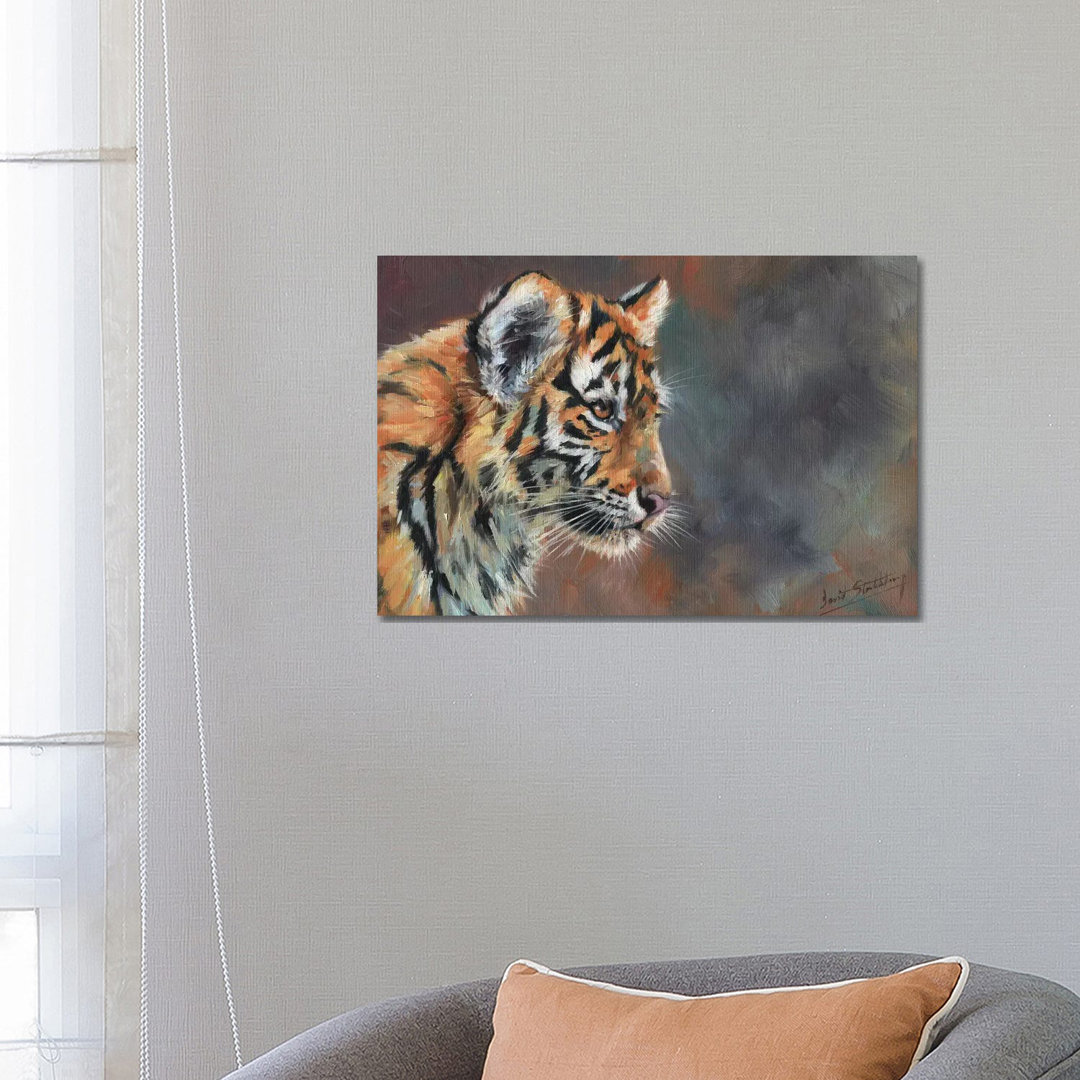 Tigerjunges Porträt in Öl von David Stribbling - Galerie-umwickelte Leinwand Giclée auf Leinwand