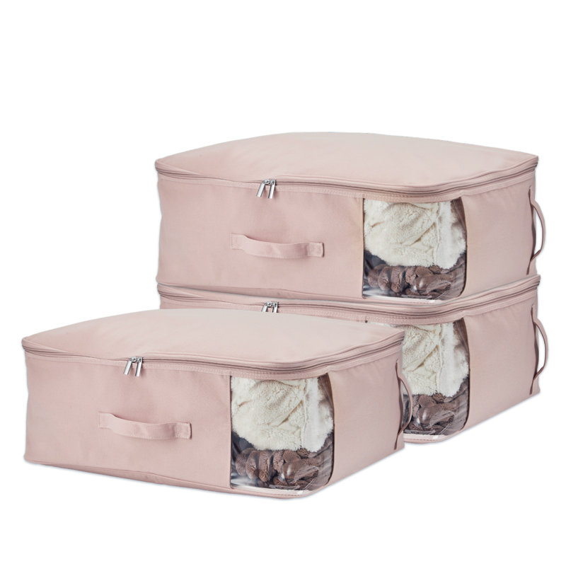 3-Pack Canvas Storage Bags for Comforters & Blankets, Light Peach Pink, 21.26"×16.54"×7.87", Breathable Cotton with Clear Window