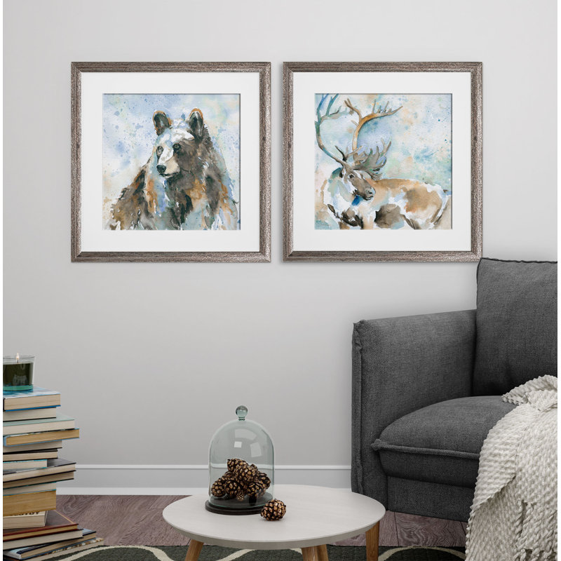 Ensemble de 2 reproductions encadrées black bear on blue, Cadre brun