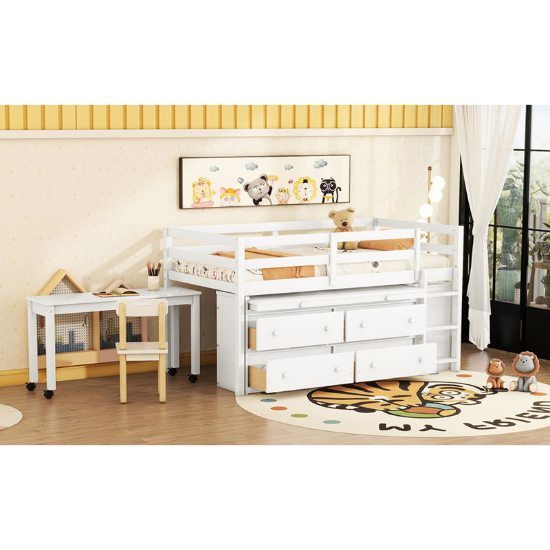 Lit mezzanine simple avec 4 tiroirs et bureau, blanc, espace de rangement fonctionnel, ajout élégant à la chambre à coucher