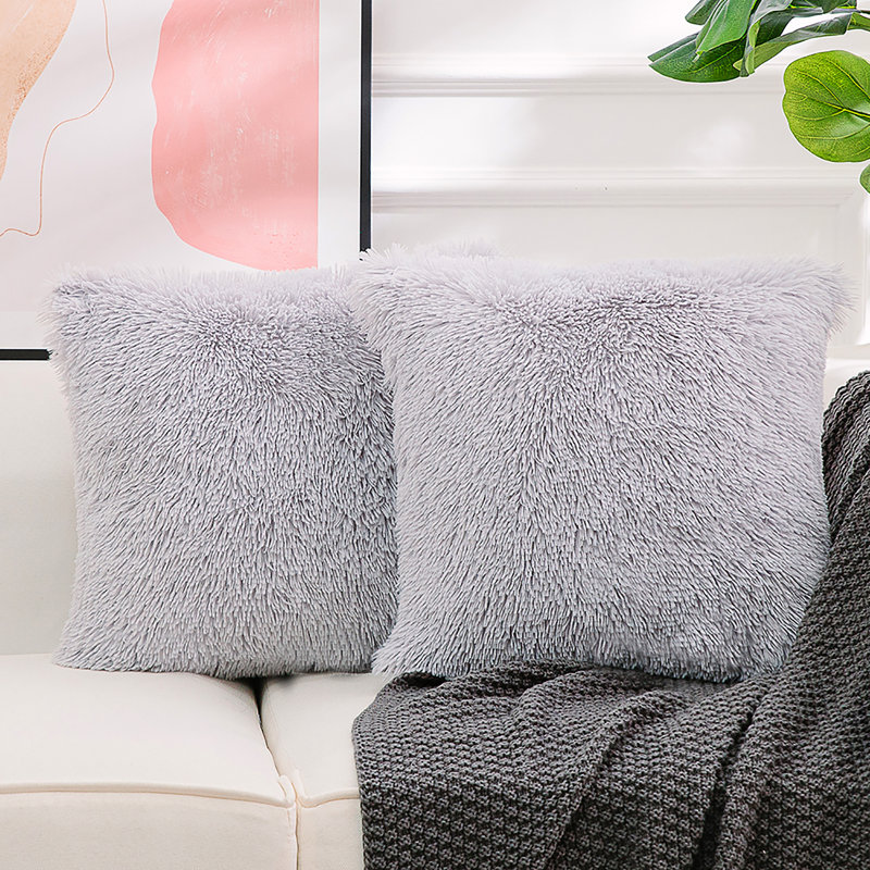 Light Gray Plush Faux Fur Euro Pillow Covers, Set of 2