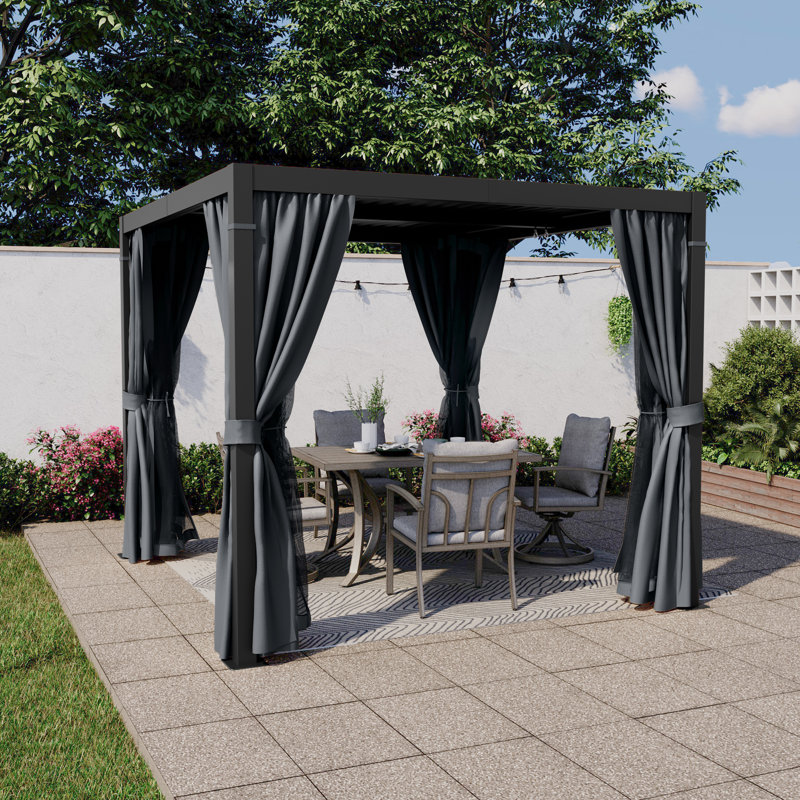 Pergola à persiennes en aluminium avec toit et rideaux réglables, L 10 pi x P 10 pi, Noir