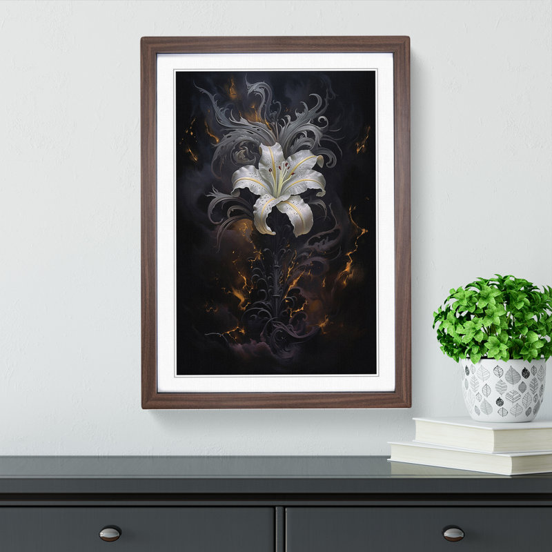 Lily Flower Gothic - Single Picture Frame Print on Wood, 46cm H x 34cm W x 2cm D, Walnut Framed