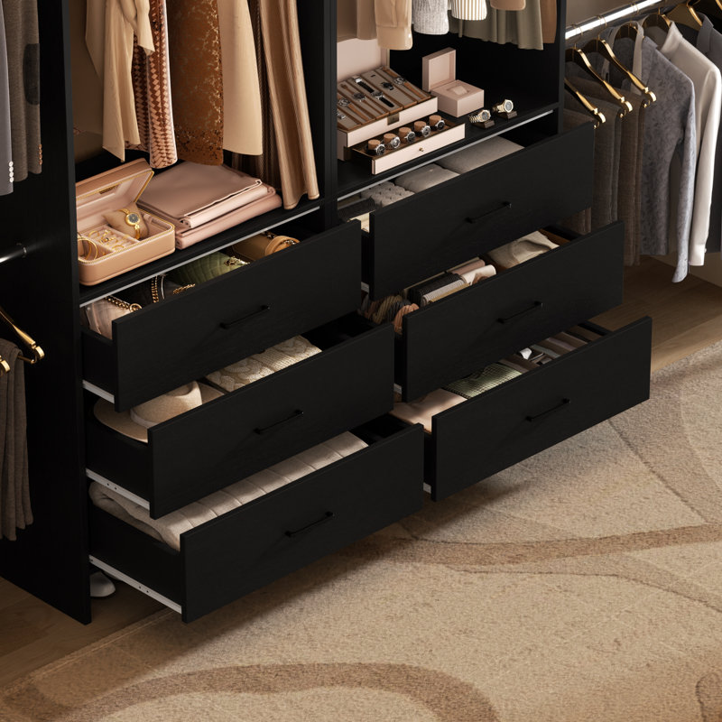 47.4"-119" Closet Organizer With Drawers And 4 Hanging Rods, Black