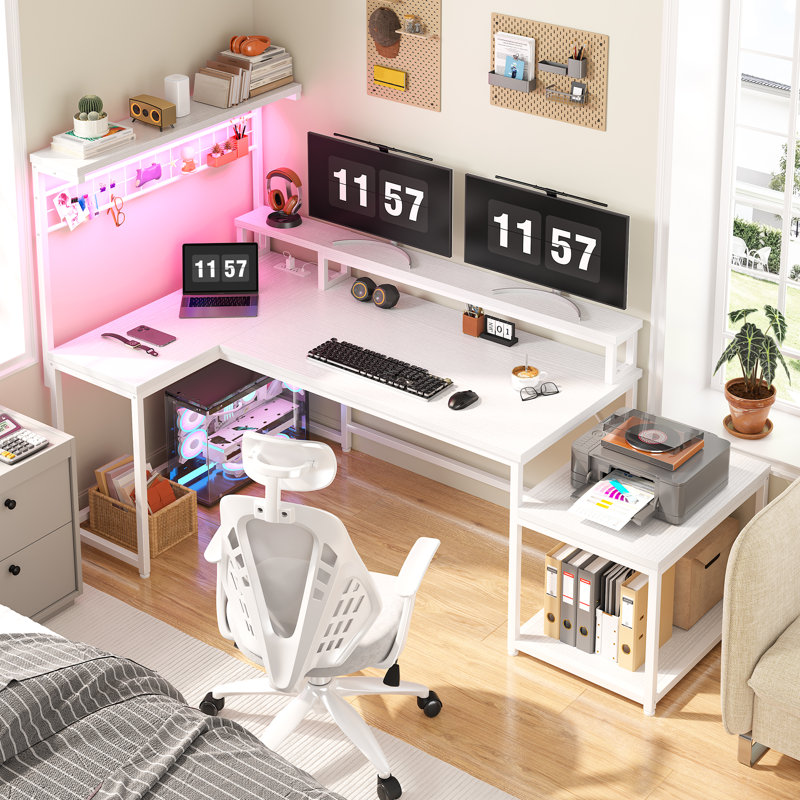 L Shaped Reversible Computer Desk With Power Outlet & Long Monitor Stand & Led Lights & Storage Shelves, White