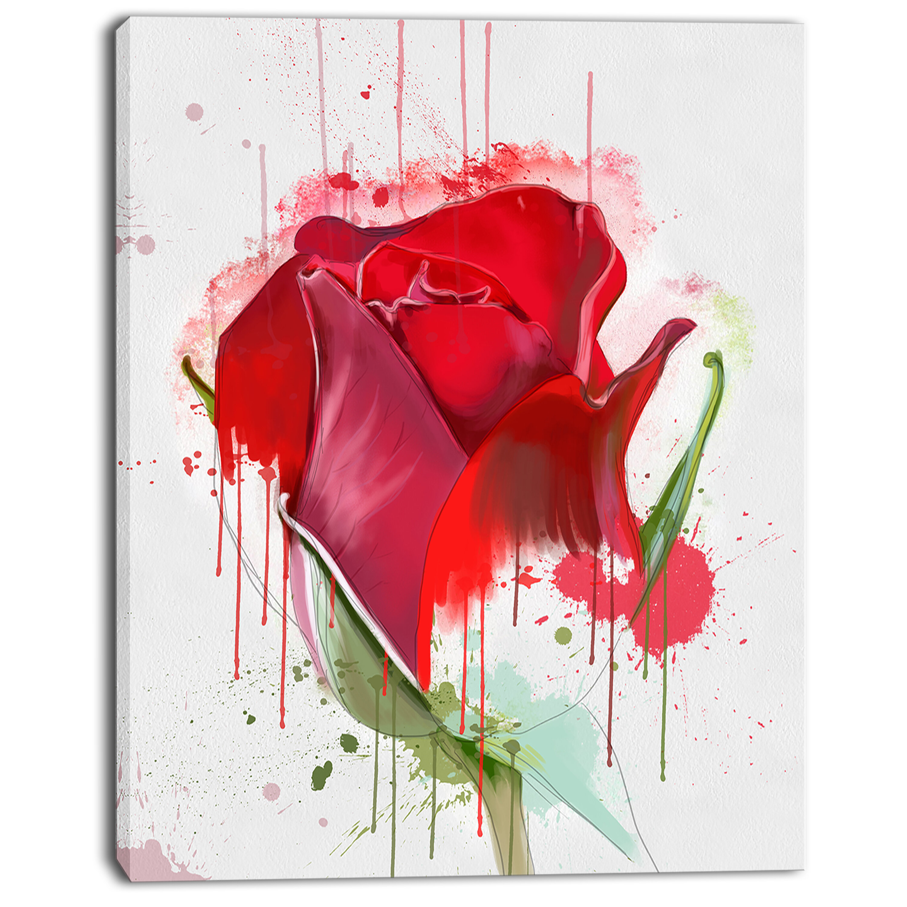 Colourful Red Rose Sketch Watercolor Painting Print on Wrapped Canvas