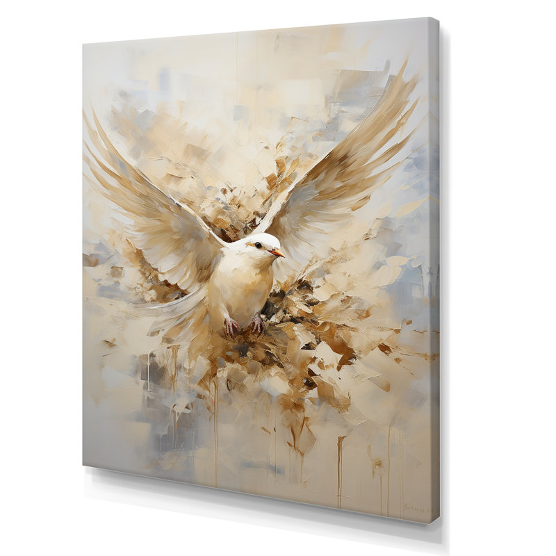 Minimalisme beige et colombe dorée I - art mural colombe, H 20 po x l 12 po x P 1 po, Toile tendue