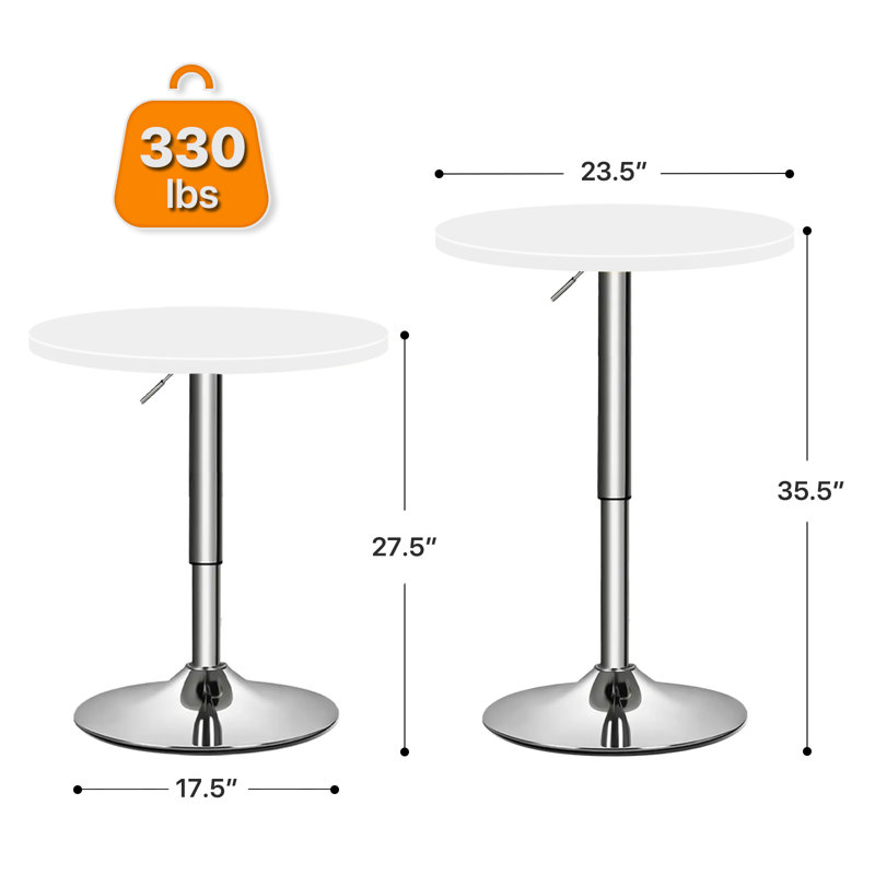 35.5" Round Bar Table, 360° Swivel Height Adjustable Bistro Pub Table, Modern Cocktail Table with Chrome Base, White