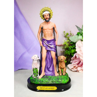 Figurine Catholique Saint-Lazare avec chiens et bordure de soleil avec base H 8 po