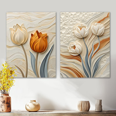 «Orange Dancing Serenade of Tulip» - ensemble de 2 décorations murales botaniques en métal