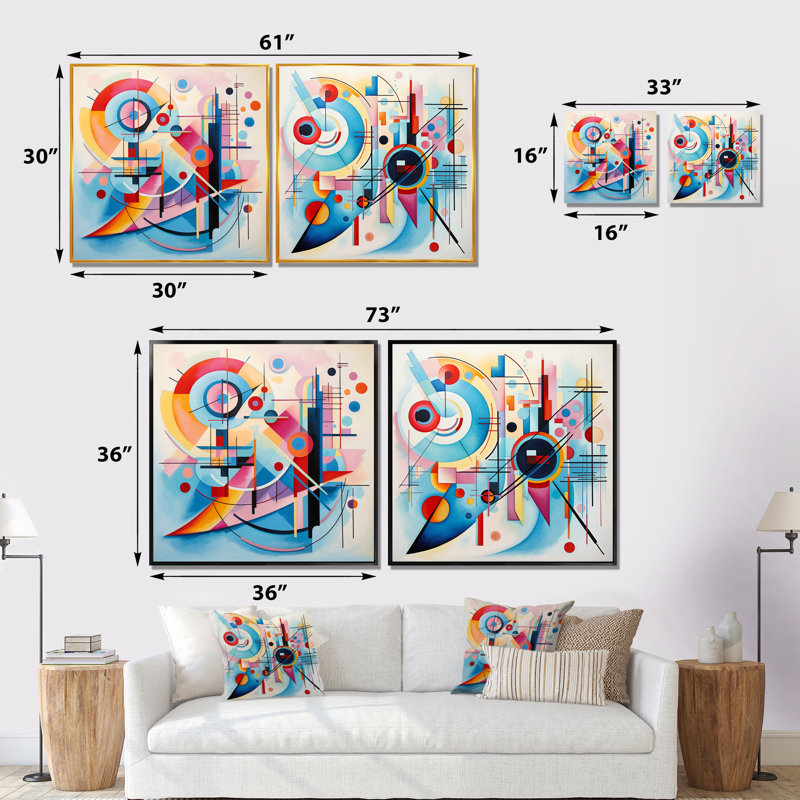 «Blue and Pink Abstract Geometric Vision IV», ensemble de 2 reproductions d'art géométriques abstraites, Cadre blanc