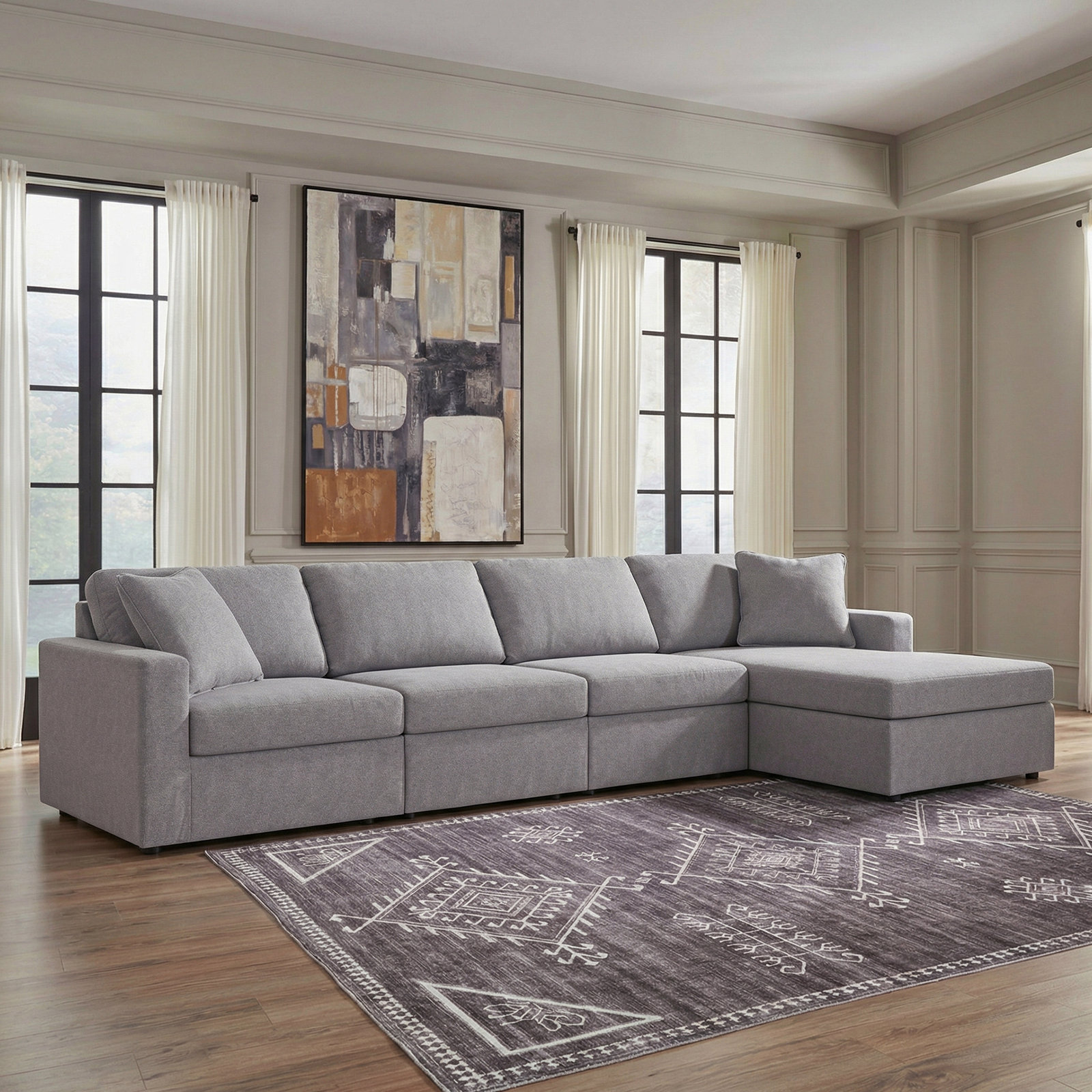 Modular Sectional, 36" H x 140" W x 68"D, Right Hand Facing, Gray Polyester
