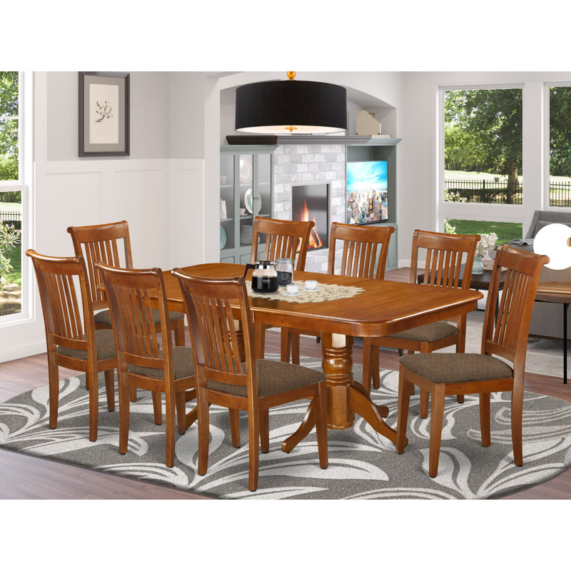Ensemble de salle à manger 9 pièces comprenant une table de cuisine rectangulaire avec rallonge papillon et 8 chaises de salle à manger rembourrées en tissu de lin, 40 x 78 pouces, brun selle
