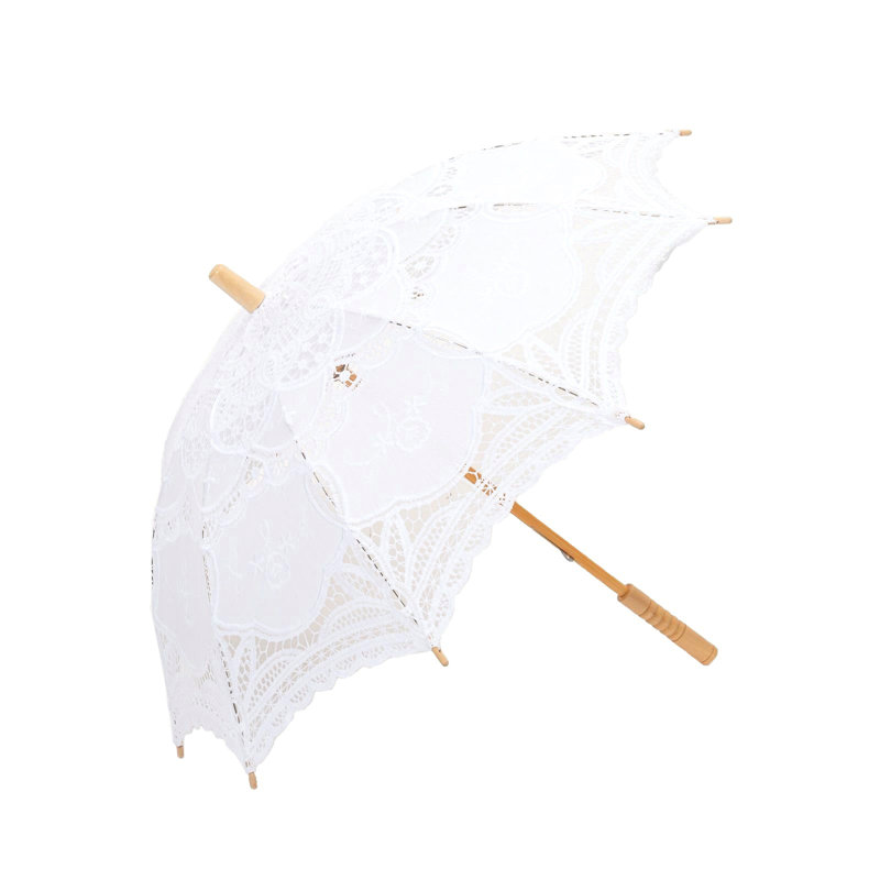 Parasol en dentelle avec poignée en bois, Blanc
