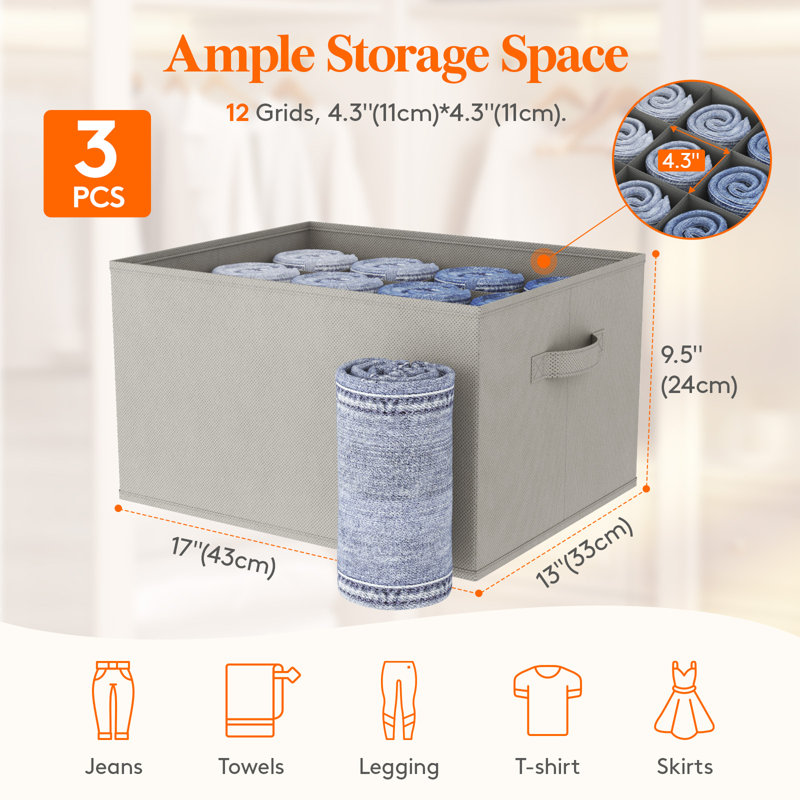 Jeans Organizer For Closet, Large Size Pants Storage Bins 12 Cell, Foldable Clothes Drawer Organizer For Sweater, Towel, T-shirts, Dress, Stackable Wardrobe Shelf Dividers Box, 3 Packs