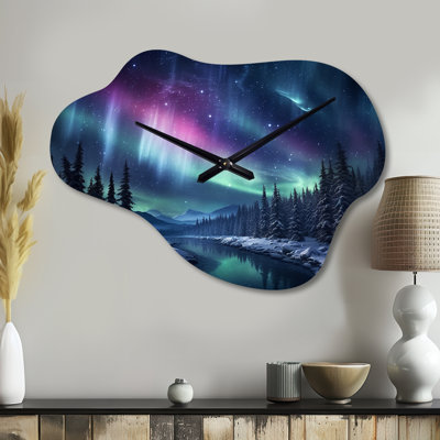 Northern Lights III - Aurora Borealis Cloud Metal Wall Clock, Blue Asymmetrical Clock Print
