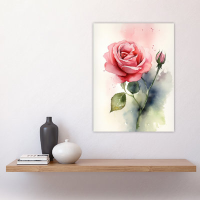 Wall Art Print Rose Bloom Flower Soft Watercolour Painting Pink Single Bloom With Bud Elegant Spring Romance Nature Bright Floral Modern Artwork Poster