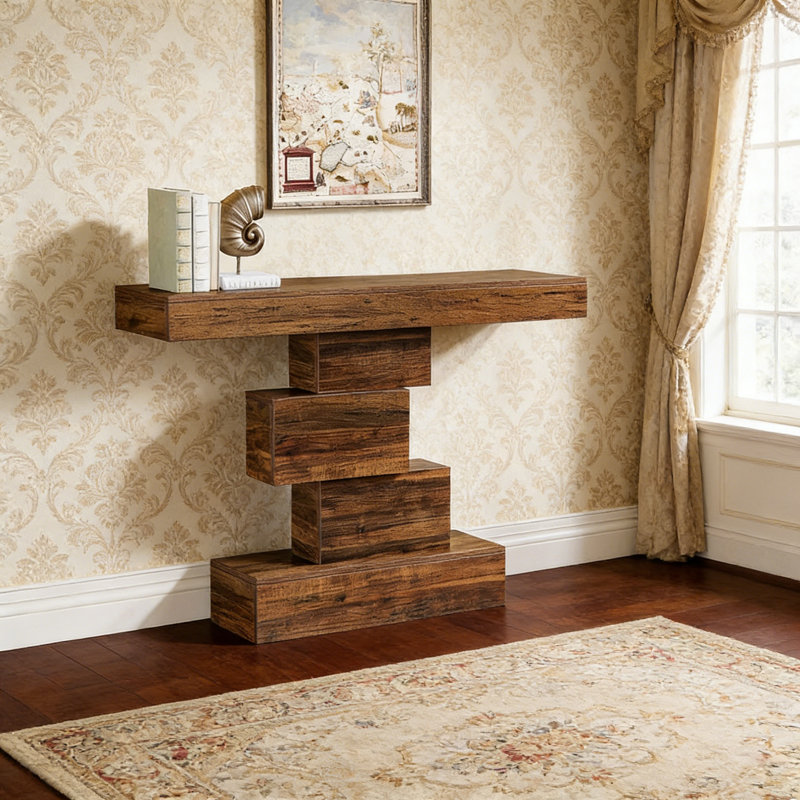 Console 42 po, canapé en bois avec base géométrique, Brun rustique