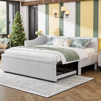 Convertible Twin L-Shaped Upholstered Daybed with Hydraulic Pop-Up Trundle, Twin-to-King Design