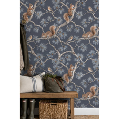 Squirrels And Birds Wallpaper Charcoal Gray Woodland Pattern
