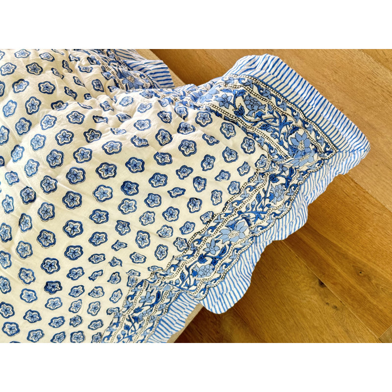 Hand Block Print Cotton Quilt and Bed Spread, Blue&White, Twin