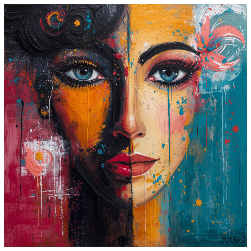 Tapisserie murale colorée à deux visages - Décoration murale portrait, H 50 po x l 60 po avec 4 œillets