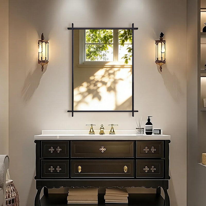 Miroir de salle de bain Vintage Cadre en acier inoxydable, Noir mat, 32" x 24"