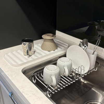 Égouttoir à vaisselle 304 en acier inoxydable avec porte-ustensiles et plateau de drainage amovible NeverRust