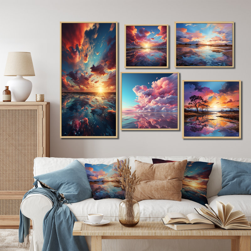 Majestic Dream Sunset Horizon - Ensemble de 5 décorations murales ciel, Cadre flottant brun