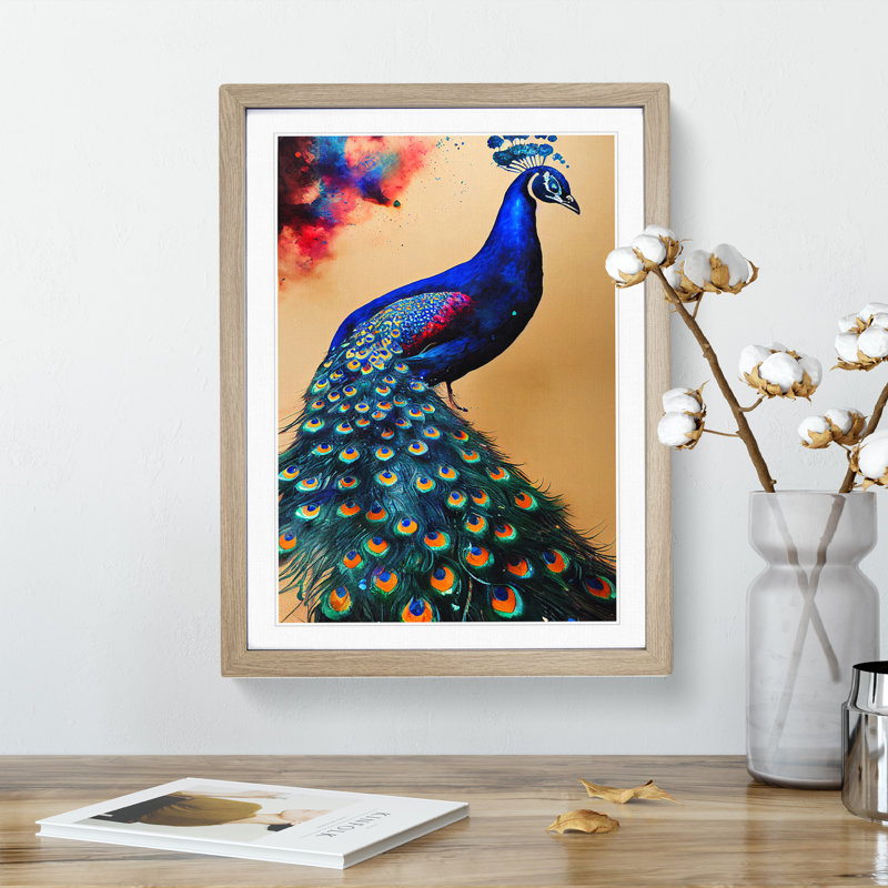 Vivid Peacock - Wall Art, 48cm H x 36cm W x 2cm D, Oak Framed Paper, White