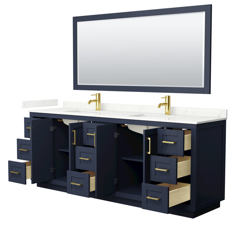 Ensemble de meuble-lavabo double autoportant 84 po avec plateau en quartz Miranda, Quartz Giotto, Bleu très foncé, Or brossé
