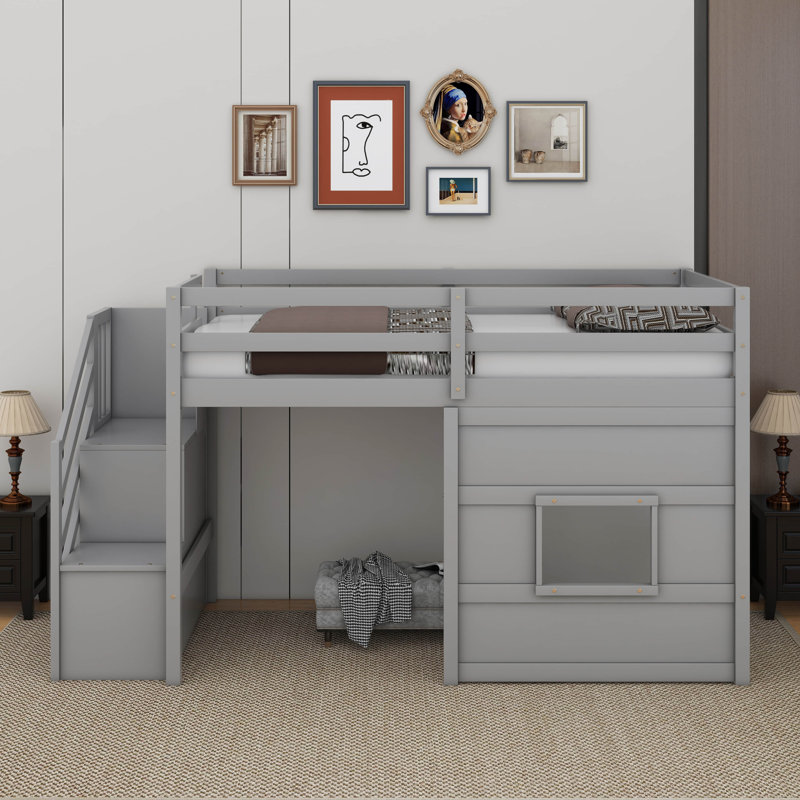 Twin Size Loft Bed With Storage Staircase And Window, Gray