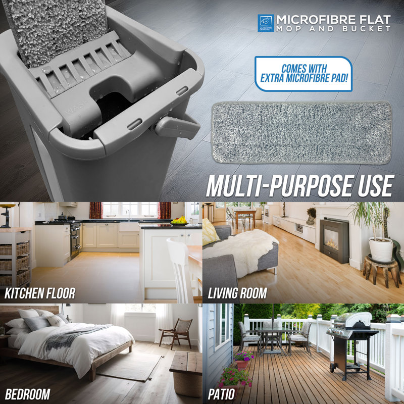 Flat Mop and Bucket Set with Built In Wringer 2 Microfibre Pads, 360 Degree Swivel Head