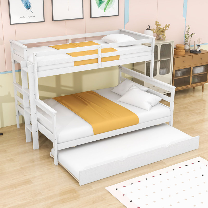 Twin XL over Queen Wood Bunk Bed with Twin Trundle and Ladder, White