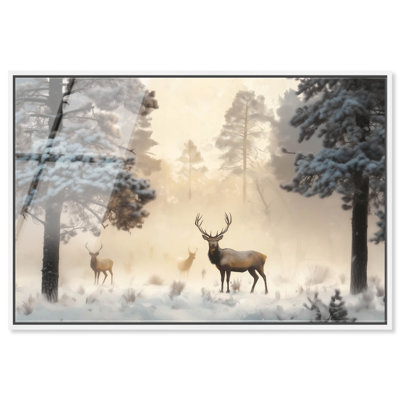 Décoration murale encadrée "Deer in Winter Forest" par Art Remedy, cadre blanc, 45 x 30