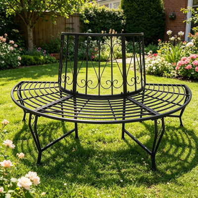 Outdoor Wrought Iron Tree Surround Bench, Round Curved Tree Bench for Tree Trunk, Weatherproof Metal Tree Seat with Scrollwork Backrest, Black Garden Tree Bench for Backyard Lawn Park Patio