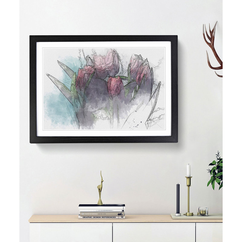 Bouquet of Red Tulips in Abstract - Picture Frame Painting Print, 36cm H x 48cm W x 2cm D, Black Framed