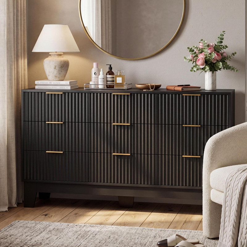 9 Drawer Dresser with Fluted Design, Oak Finish & Metal Handles, Black