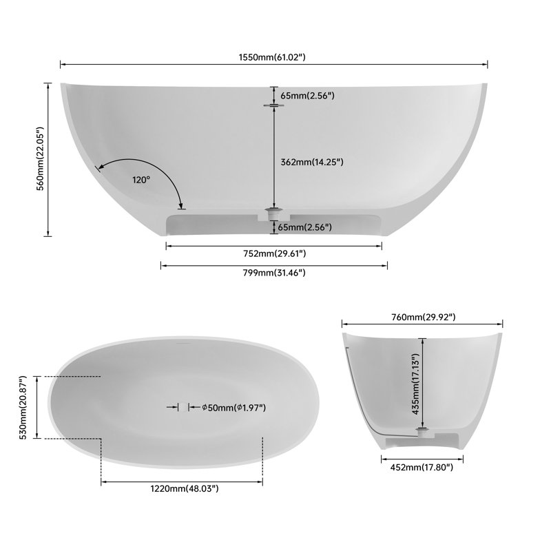 61'' X 29'' Freestanding Soaking Solid Surface Bathtub, Ice Gray