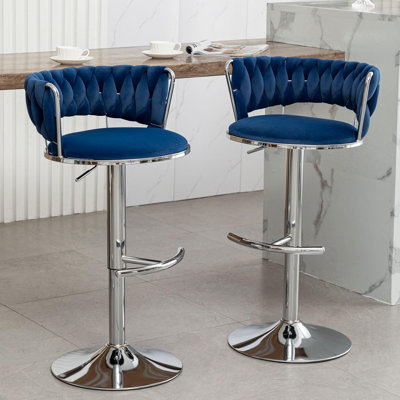 Swivel Bar Stools Set of 2, Counter Height Bar Stools with Low Back, Adjustable Height Barstools, Velvet Bar Stools for Kitchen Island, Pub (Blue)