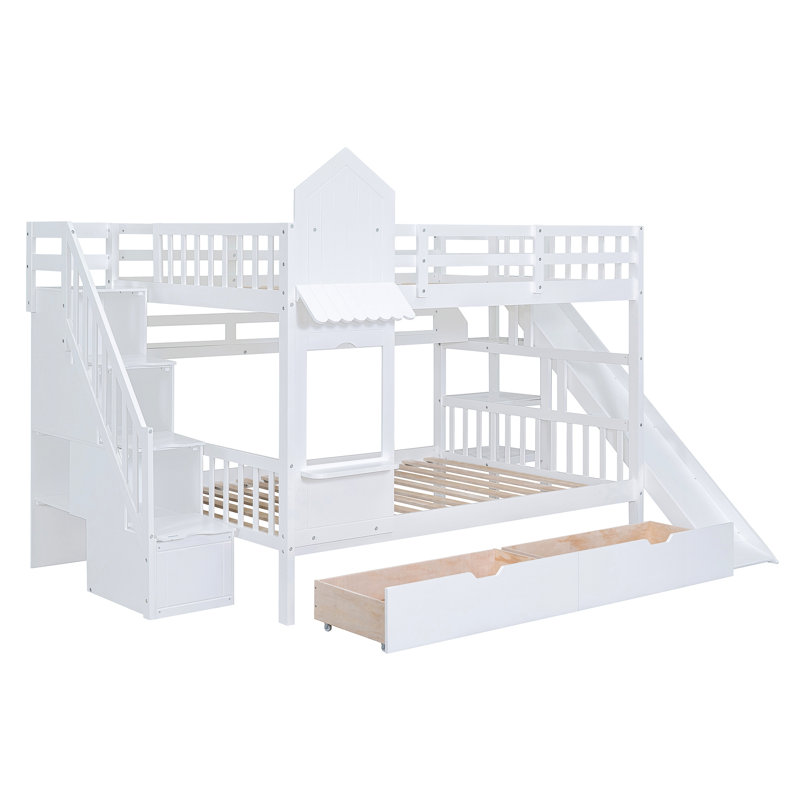 Lit superposé de style château avec 2 tiroirs, 3 tablettes et glissade, Blanc, Double sur double
