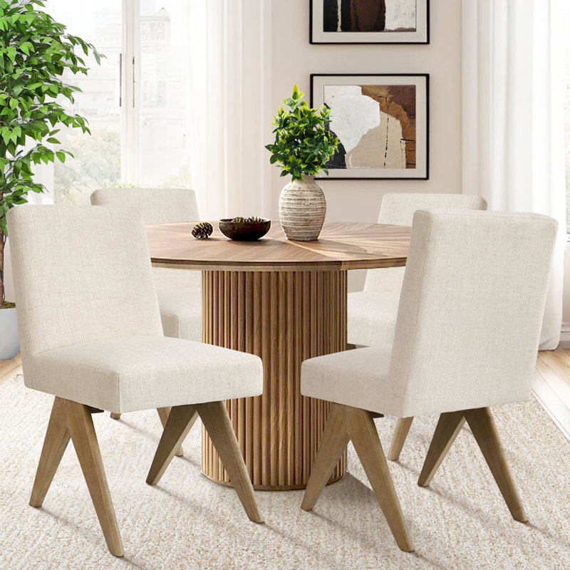 Chassidi 34" H Solid Wood Upholstered Dining Chair, Beige